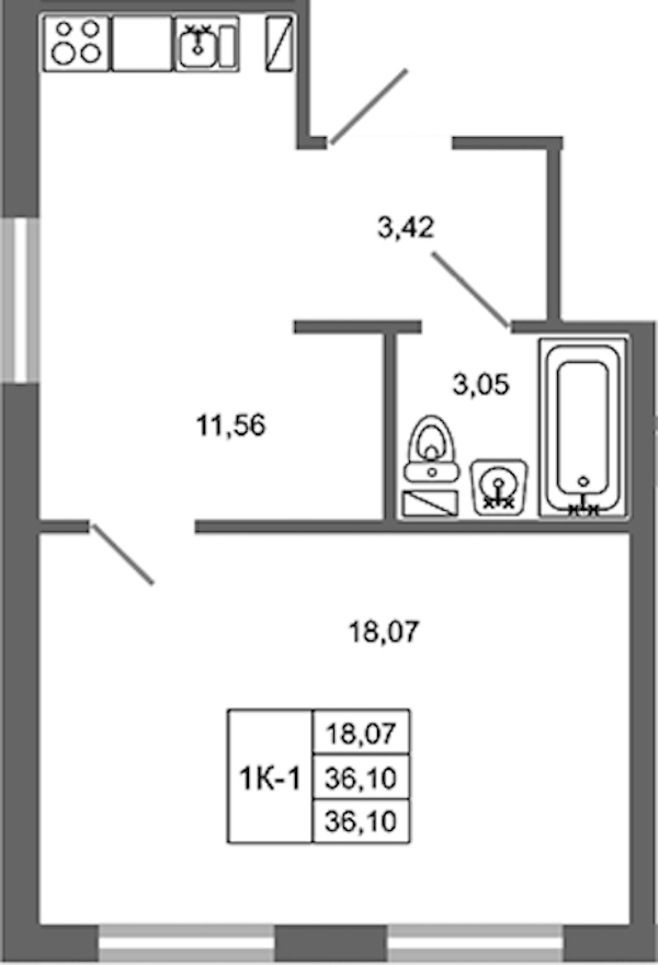 1-комнатная квартира 36.1 м², 1/17 эт., ЖК «Стороны Света 2»